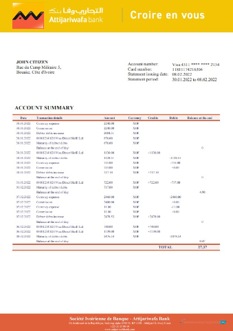 Download Cote d'Ivoire Attijariwafa bank statement word